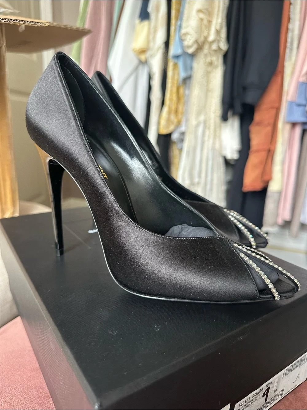 Saint Laurent Black Pointed Toe Stiletto Heels Crystal Detail Nero Silver Shade - Picture 6 of 16